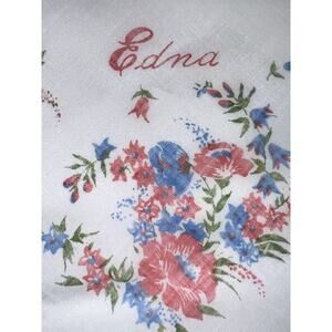 VTG White Blue Pink FloralHandkerchief - Monogrammed Edna - Square Hanky- 10.5"
